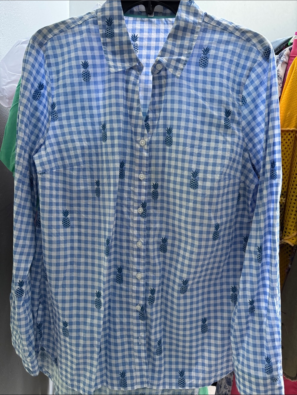 Crown and Ivy Preppy Blue checked button Up Blouse with Blue Pineapple Print.